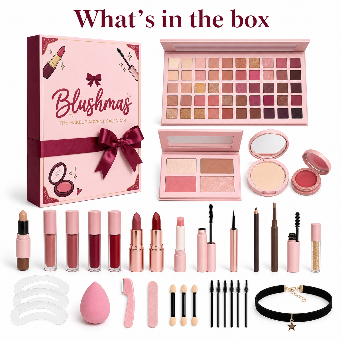 What's in the box: the Blushmas advent calendar with its eyeshadow palettes, powder, blush, lipsticks, liners, brow kit, sponge, tools and star choker