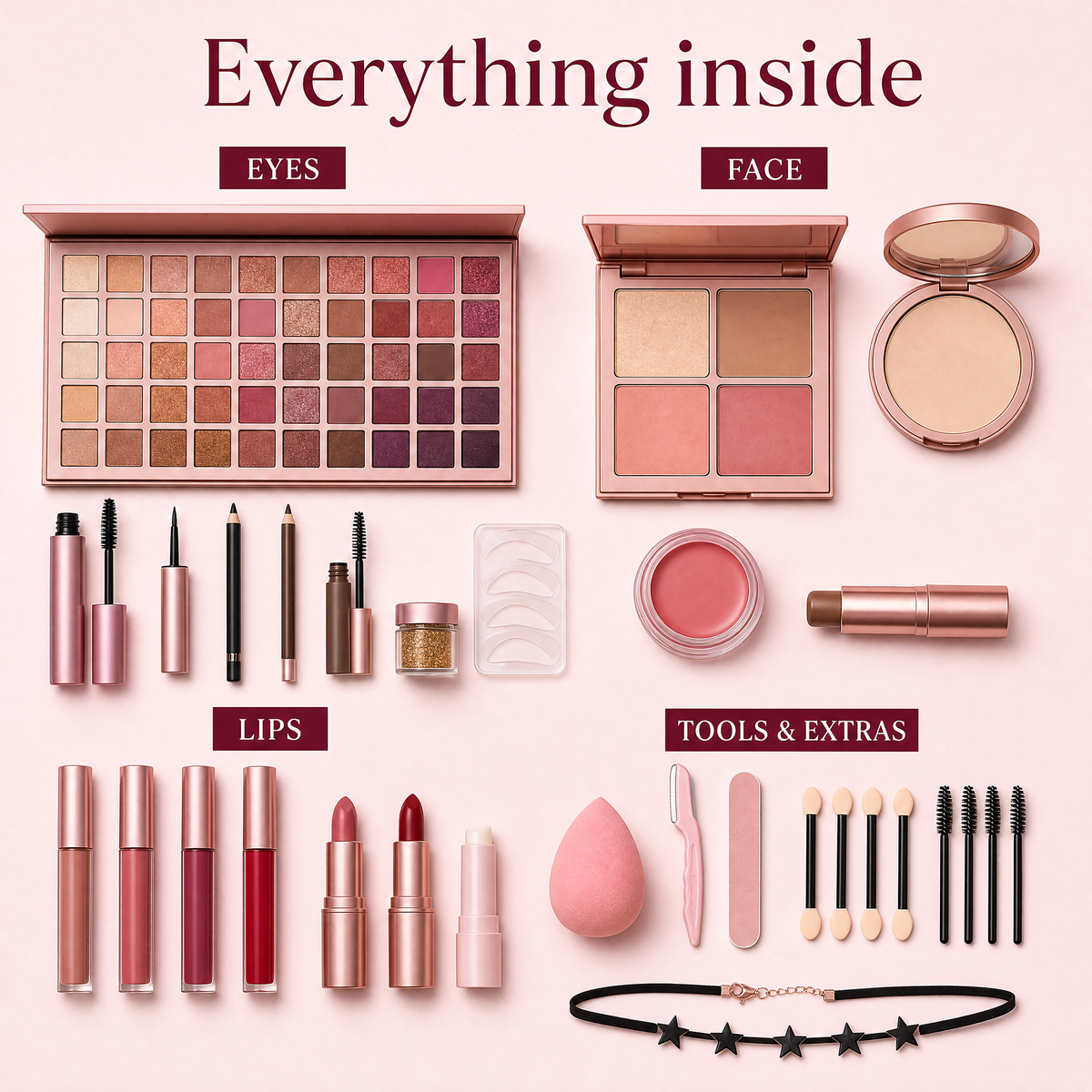 Everything inside the Blushmas advent calendar laid flat in four groups: eyes, face, lips, and tools and extras, from the 40-colour eyeshadow palette to the star choker