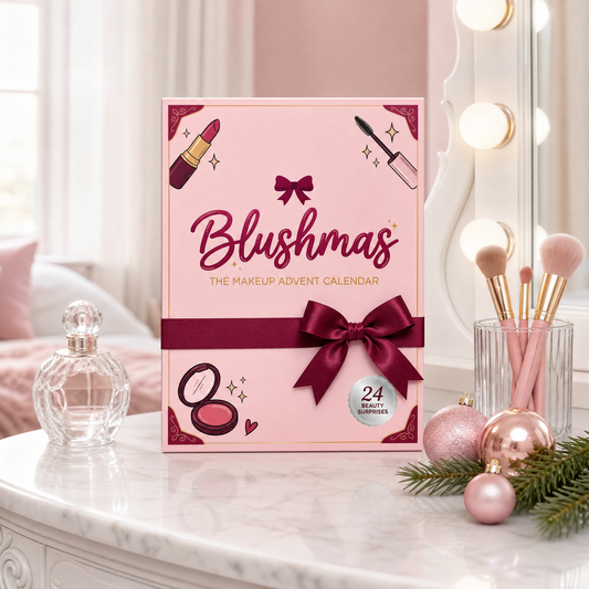 The Blushmas Beauty Advent Calendar, a pink book-style gift box tied with a burgundy satin bow, standing on a white marble vanity beside makeup brushes and pink Christmas baubles