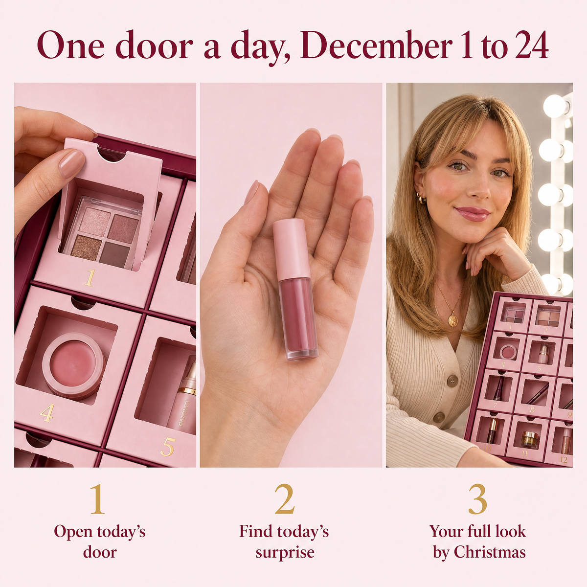 How the Blushmas advent calendar works: open today's door, find today's surprise, your full look by Christmas, one door a day from December 1 to 24
