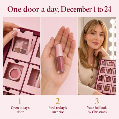 How the Blushmas advent calendar works: open today's door, find today's surprise, your full look by Christmas, one door a day from December 1 to 24
