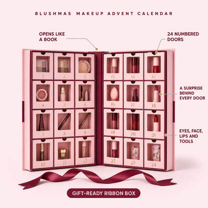 Blushmas Beauty Advent Calendar features: 24 numbered doors, a surprise behind every door, eyes, face, lips and tools, opens like a book, gift-ready ribbon box