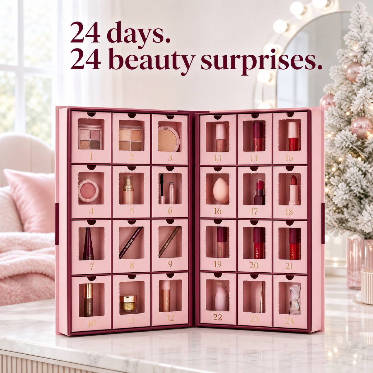 The Blushmas advent calendar opened like a book on a vanity, 24 numbered cubbies each holding a makeup surprise: 24 days, 24 beauty surprises