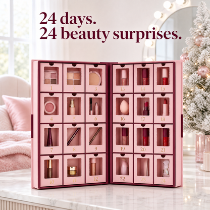 The Blushmas advent calendar opened like a book on a vanity, 24 numbered cubbies each holding a makeup surprise: 24 days, 24 beauty surprises