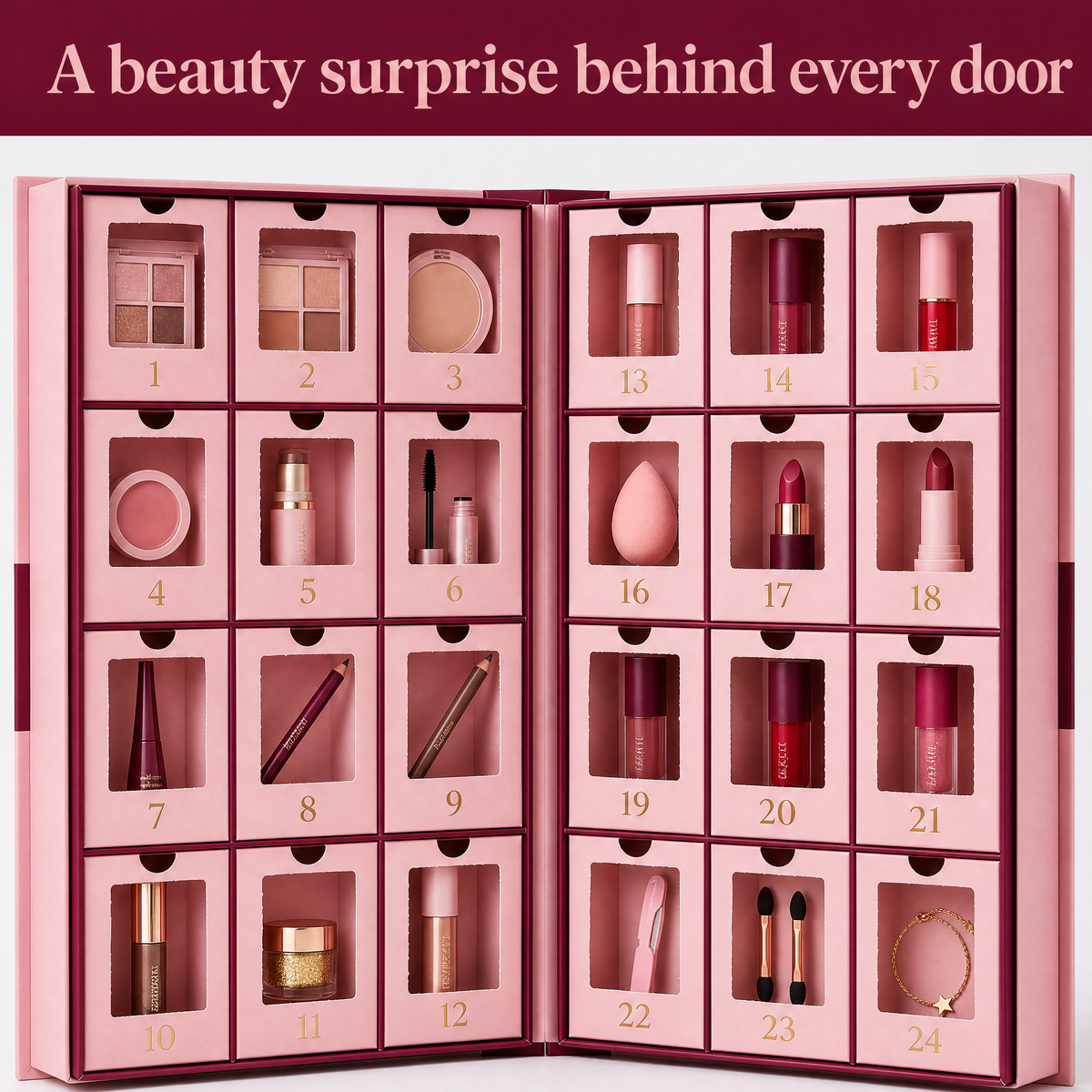 Every door of the Blushmas advent calendar open: 24 numbered cubbies with a lipstick, liner, blush, glitter or beauty tool in each one