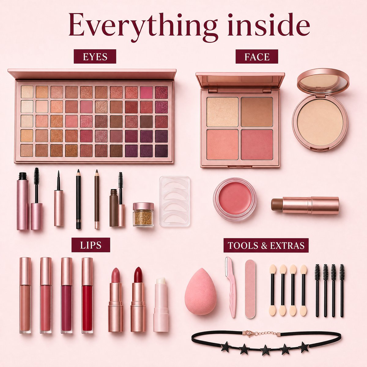 Everything inside the Blushmas calendar laid flat: eyeshadow palette, face palette, lipsticks, liners, brow pencil, sponge, applicators and a star choker